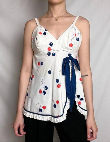 vintage 60s 70s white balloon print ruffle trim cami tank top