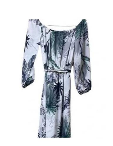 Sans Souci NWT Tropical Palm Print Off Shoulder Tie Maxi Dress 3/4 Sleeve L White F0100