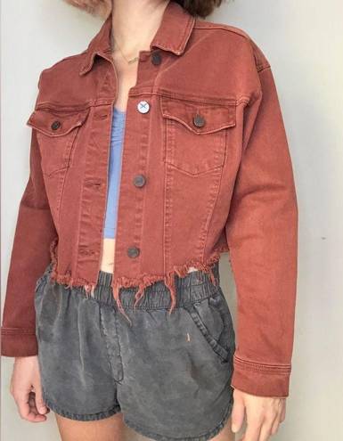 Unpublished  Distressed Denim Jacket Brick Red Color Cropped Frayed