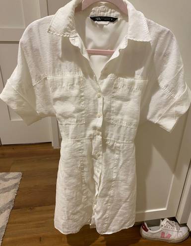 ZARA White Linen Button Down Collared Dress