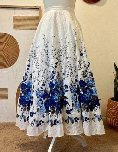 Coldwater Creek  White Cotton Blue Rose Floral Print Summer Midi Skirt 1X