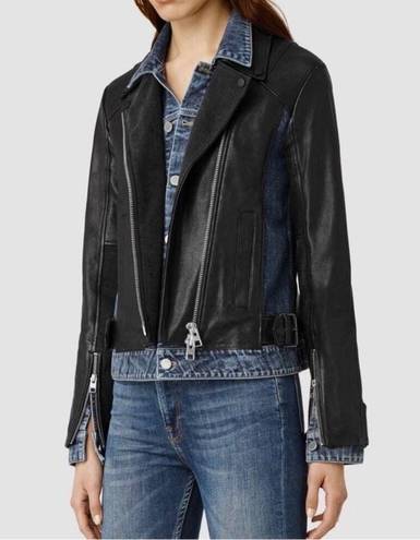 ALLSAINTS  Leather Jacket Biker Blue Denim Black Leather Jacket Size 4