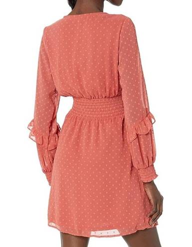 Angie Women's Sunset Coral Boho Swiss Dot Ruffle Long Sleeve V-Neck Dress Medium