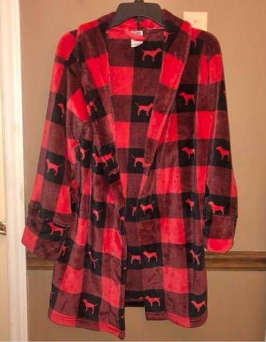 PINK - Victoria's Secret Victoria’s Secret Pink Plaid Dog Print Plush Fuzzy Robe Red Black XS/S