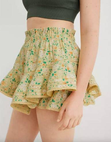 Aerie  rock n ruffle yellow floral lace trim mini skirt skort