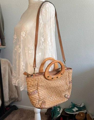 Fossil  Tan Woven Leather Wooden Top Handle Crossbody Medium Tote Bag