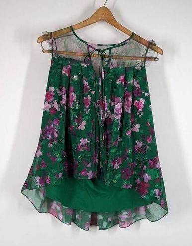 Notte Marchesa  Floral Chiffon Sleeveless Top Green Pink Size 2 Preowned FLAWS