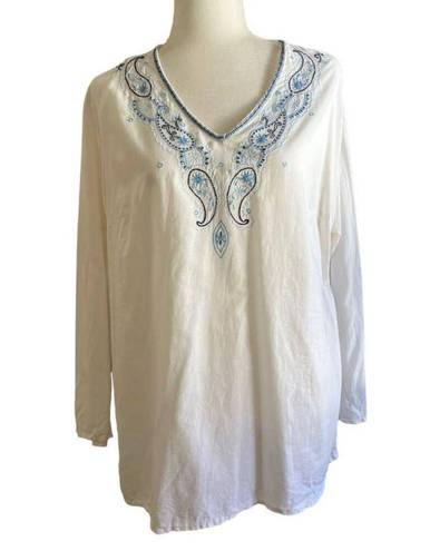 Fashion Bug Vintage  Blouse White Peasant Long Sleeve V-neck Embroidered Women