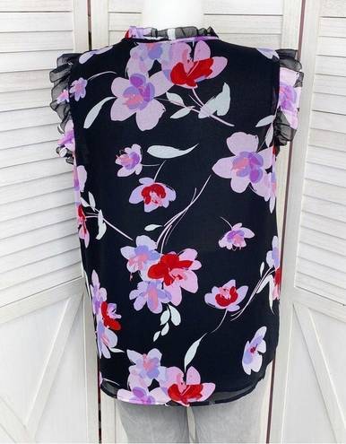 Calvin Klein  Floral Ruffle Trim Sleeveless Blouse Black Purple 1X