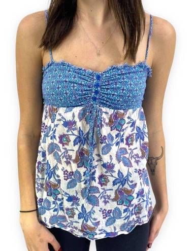 Kirra  Blue White Floral Print Spaghetti Strap Tank Top