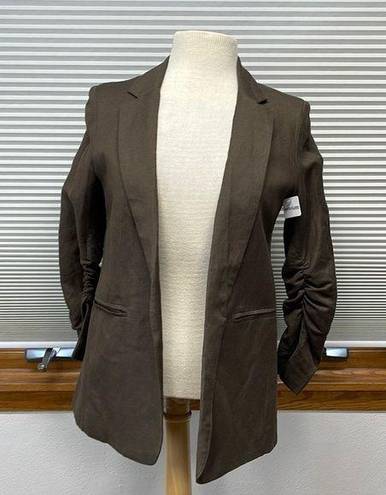 Wishlist S //  Apparel NWT Brown Linen Blend Ruched Sleeve Open Front Blazer