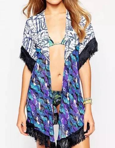 Maaji Bleu Saddles Fringe Kimono Swim Pool Coverup Horses Mermaid Purple Teal M