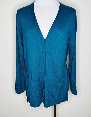 Isaac Mizrahi  Live Sweater MEDIUM Teal Cardigan Button Front V-Neck Knit Cotton