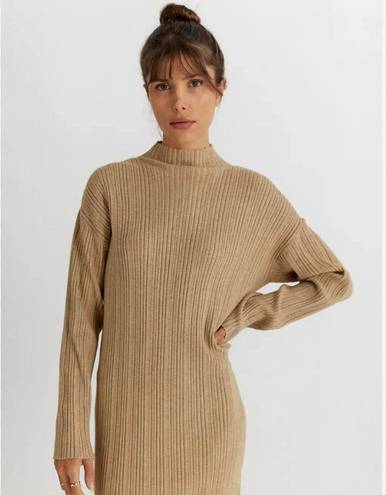 The Row All :  Tan Khaki The Marie Dress Ribbed Mock Neck Knit Midi Women's Small