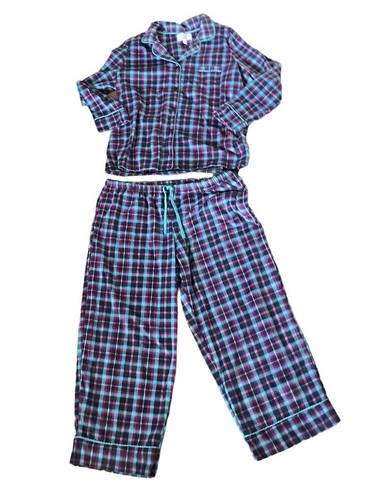 Carole Hochman  Heavenly Soft Blue Purple Plaid Fleece Button Down Pajama Set