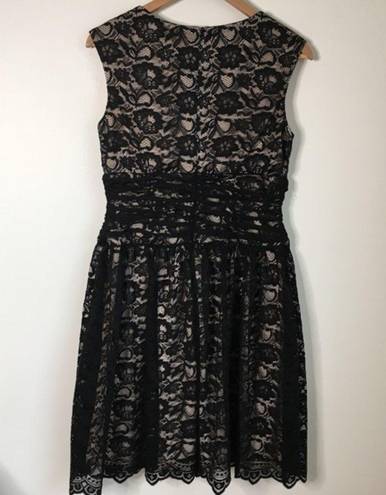 London Times ‎ Black Lace Faux Wrap Sheath Dress Sleeveless Lined Womens S…