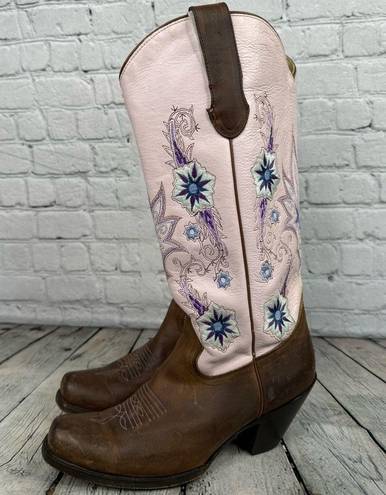 Double H Sonora Wedding Heeled Cowboy Boots Size 7.5 Embroidered Pink Brown