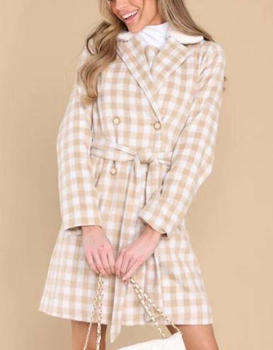 Aura  It's A Look Beige Plaid Coat Tie Double Breast Pearl Button M J NWT