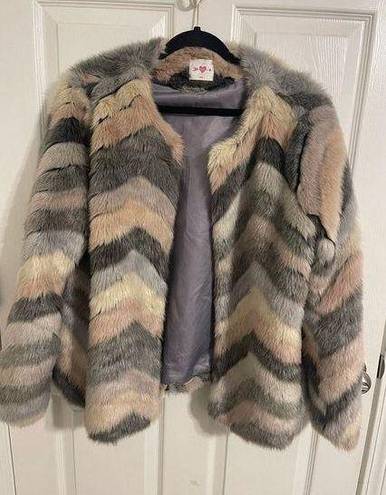 Buddy Love Women's Gray Pink White Faux Fur Coat