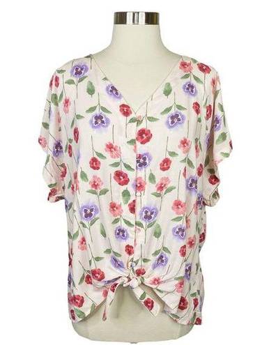 Bobeau  Floral Tie Up Button Down Blouse