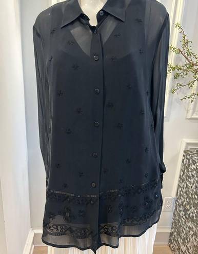 Valerie Stevens Sheer Black Silk Embroidered Button Down Blouse