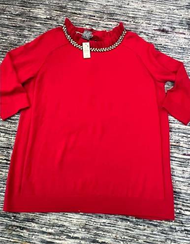 Talbots rsvp by  NWT Red Pullover Sweater Ruffle Rhinestone Keyhole Neck SZ 1XP