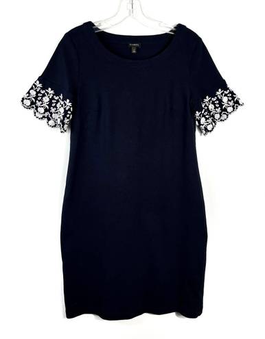 Talbots Navy Blue White Embroidered Short Sleeve Shift Dress Small S Preppy