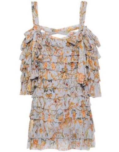 Zimmermann  Painted Heart Ra Ra Cold-shoulder Tiered Printed Silk Mini Dress