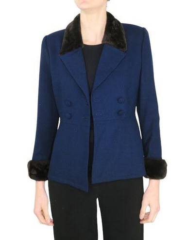 Vintage Blue Noviello 1990s  Blazer Jacket with Fur Collar Formal Twee Small