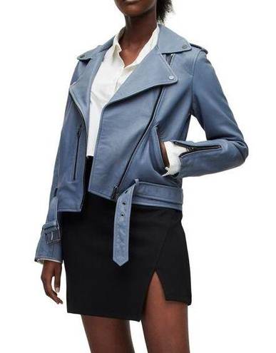 All Saints Balfern Flint Blue Belted Crop Leather Moto Jacket Size 4