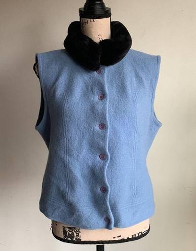 Talbots  Faux Fur Collar Baby Blue Wool Sleeveless Vest