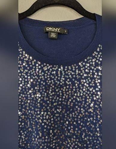 DKNY  Navy Silk and Cashmere Embellished Sequin Holiday Winter Sweatshirt, Small