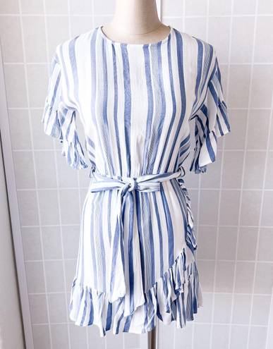 Lost + Wander Blue and White Striped Ruffle Mini Dress