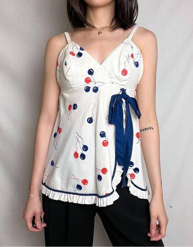 vintage 60s 70s white balloon print ruffle trim cami tank top