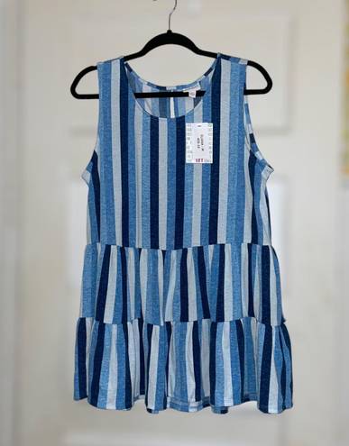 LuLaRoe Women’s Medium Eliana Tiered Tank Top • Blue Vertical Stripes Sleeveless