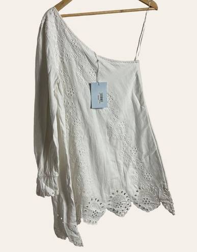 Hill House  The Mila Eyelet One Shoulder Dress in White Linen Size M