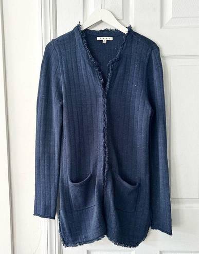 CAbi  Navy Blue Duchess Speckled Confetti Hook Closure Fringe Trim Long Cardigan