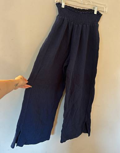 Navy Blue Wide Leg Waffle Knit Linen Pants