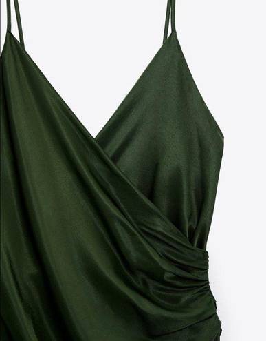 ZARA Draped Lingerie Style Emerald Forest Green Midi Dress 