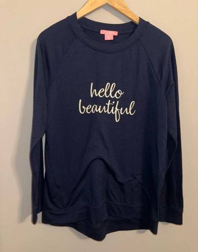 Isaac Mizrahi  New York Navy Embroidered Hello Beautiful Knit Top - sz medium