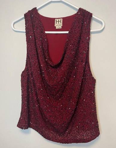 Haute Hippie  Hand Beaded Red Beads & Sequin Draped Neckline Silk Top Sz M