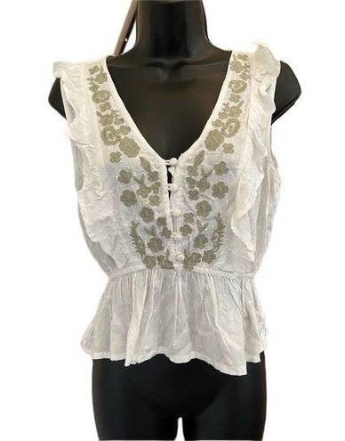 Sim & Sam  White Ruffle Green Embroidered Bohemian Blouse - size Medium