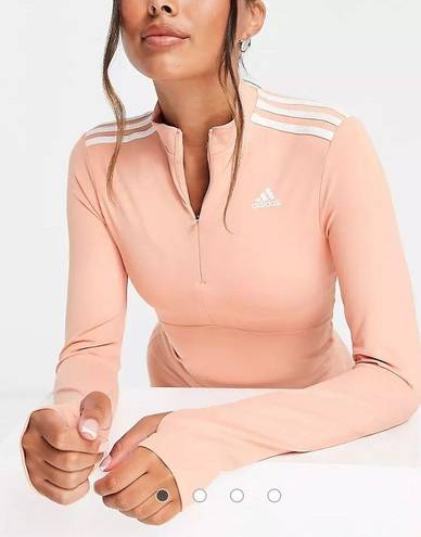 Adidas Training 1/4 zip long sleeve top with three stripe in pink