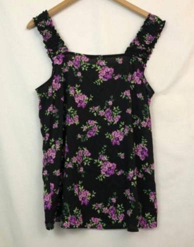 Pleione NEW  ANTHROPOLOGIE Square Neck Smocked Tank Black Purple Green Floral Top