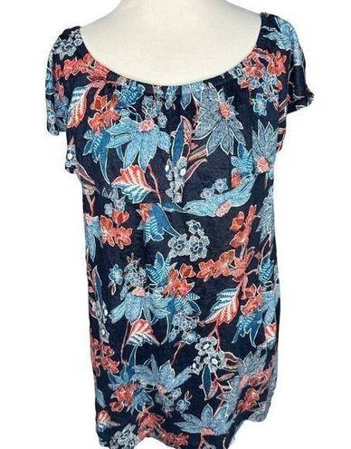 J.Jill  Love Linen Sarasa Womens Ruffled Tropical Print Top‎ Navy Blue Size Large