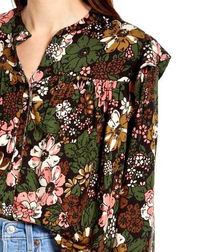 Treasure & Bond  Floral Print Flower Ruffle Frill Trim Button Long Sleeve Shirt