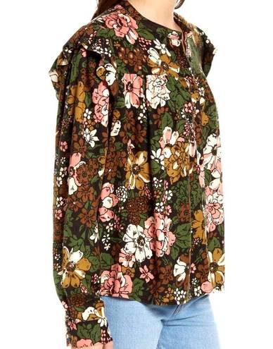 Treasure & Bond  Floral Print Flower Ruffle Frill Trim Button Long Sleeve Shirt