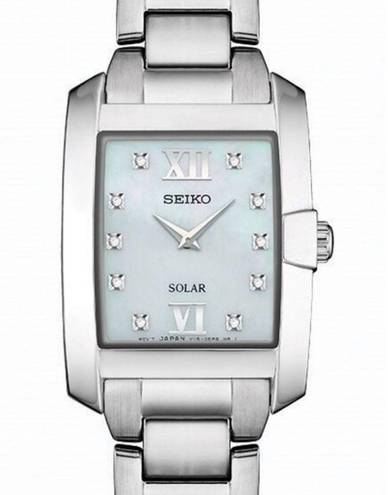 Seiko New!  Women's Solar Dress Watch #SUP377 Silver Diamond & Mother of Pearl