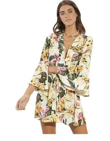 Maaji NEW  Floral Kafton Swimsuit Coverup 3/4 Flare Sleeve Yellow Womens Medium