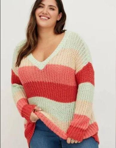 Torrid  Striped Longline Open Knit Women Plus Size 2X Neutral Tunic VNeck Sweater